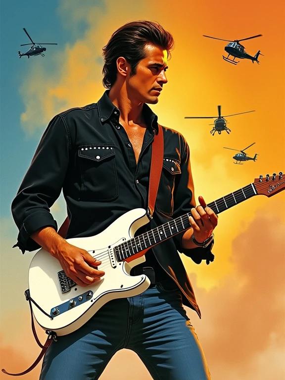 An 80s action movie poster featuring a guitarist holding a white electric guitar. The hero wears a black shirt with rivets and jeans. The scene is vibrant with helicopters in the background against a colorful sky. The style is HDR with vivid colors. Full body portrayal of the character.