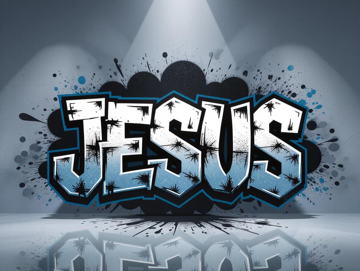 Striking modern graphic art features the word 'JESUS'. Background is textured grey with dark tones. Bold block letters in white and distressed style. Black outline and drop shadow create depth. Dynamic splatter effect enhances visual interest. Color palette includes cool tones, primarily blue and silver. Dramatic lighting emphasizes texture and details.