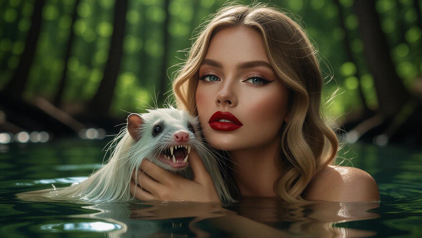 Lifestyle photo of glamorous girl with wavy blonde hair intense makeup deep red lipstick holding peculiar small animal in water focused close-up blurred forest background natural soft light low angle