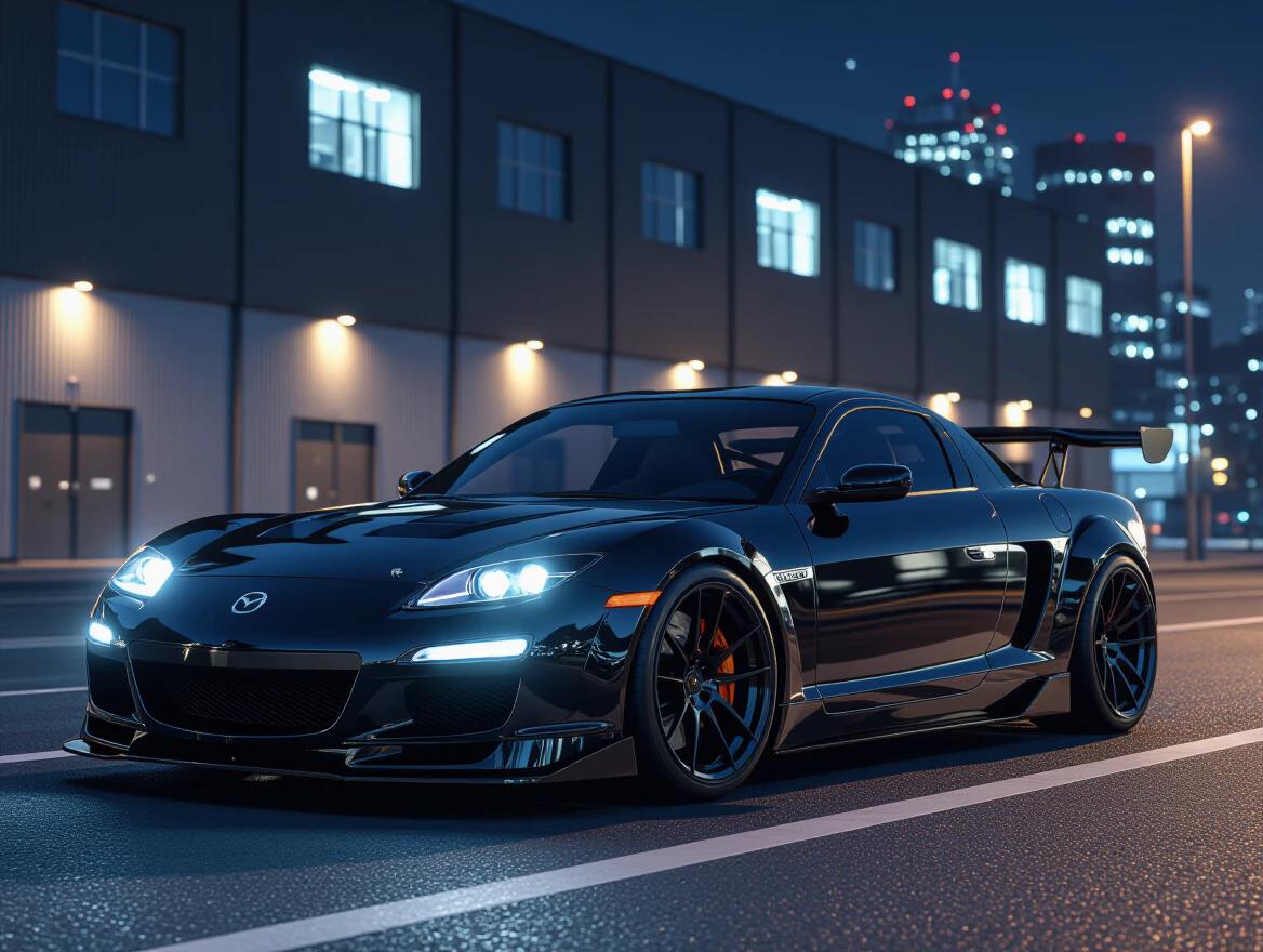 Black Mazda RX-8 parked in a modern city at night. Vehicle is custom with a sleek design. City lights illuminate the scene. Warehouse visible in the backdrop. Shot is in 4K resolution.