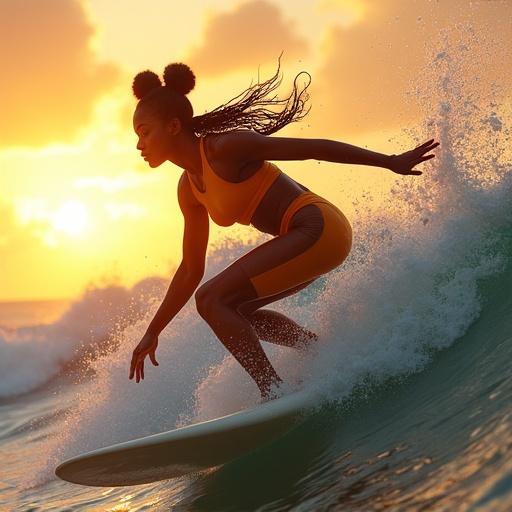 Ultra-photorealistic wide-angle full-body action shot of a young Black woman surfing a towering ocean wave at golden hour. Riding with power and precision, wearing vibrant athletic surf suit. Long curly hair styled into two space buns, trailing wet behind. Sun illuminates wave and silhouette, casting golden light across water. Ocean spray and wave motion frozen in high detail. Cinematic, DSLR-style lens with natural textures and dynamic depth.