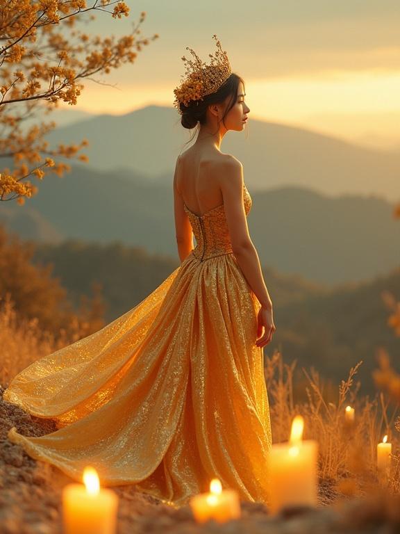 A Japanese woman stands gracefully wearing a shimmering golden haute couture dress. The dress reflects the surrounding landscape and sky. She wears an ornate crown made of gold. Candles are placed on the ground illuminating her surroundings with warm light. The scene is set against a soft sunset backdrop enhancing the serene atmosphere.
