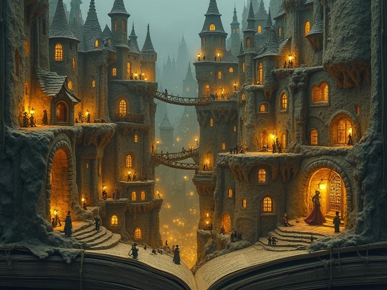 A miniature city depicted within the pages of an ancient book. Glowing windows illuminate the structures. Rope bridges and winding staircases connect parts of the city. Tiny people are dressed in elaborate clothing. Soft magical lanterns provide gentle light. The artistic influences include Arthur Rackham's whimsy, Hayao Miyazaki's fantasy, and surreal elements reminiscent of Zdzisław Beksiński. The details are intricate and dreamlike.
