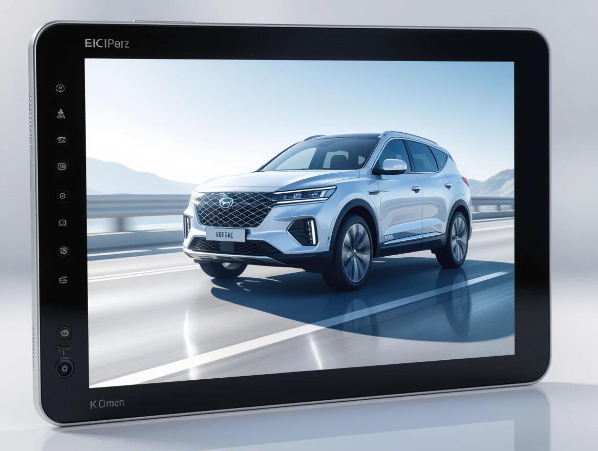 Realistic image of a digital screen displaying a futuristic car. The design shows a sleek white vehicle with modern features. The background is a blurred road setting, emphasizing speed. The screen is glossy with clear details and reflections. It highlights the technology used in camera displays.