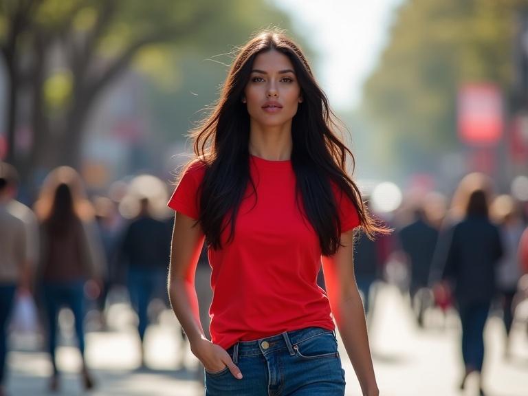 A long-haired woman in a red t-shirt walks confidently across a busy street. She wears fitted blue jeans. Many people surround her. Urban life is vibrant with sounds and food scents.