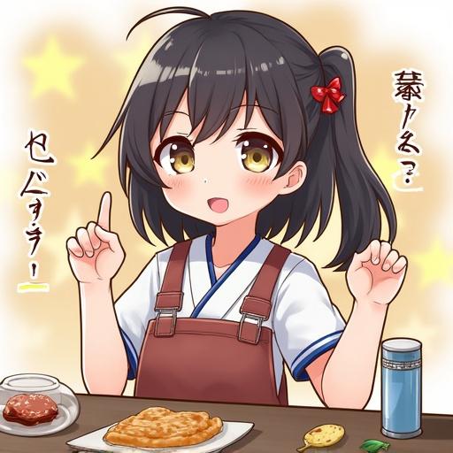 Anime character enjoying various foods table