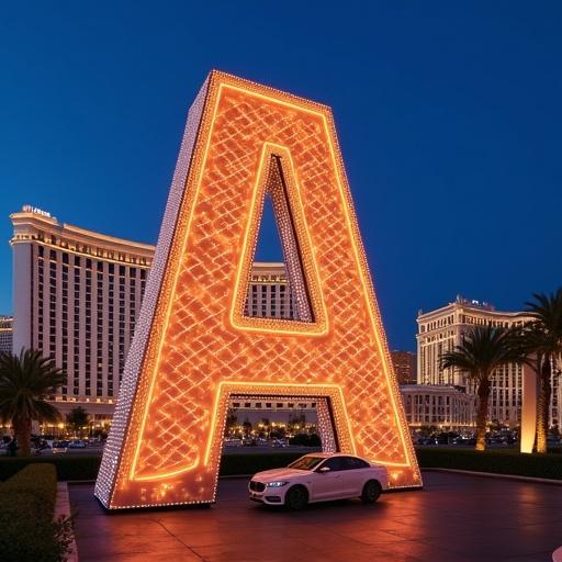 Brightly lit large letter A in Las Vegas. Located at an upscale hotel. Surrounded by palm trees and modern architecture. Captured during twilight with deep blue sky. White car parked nearby.