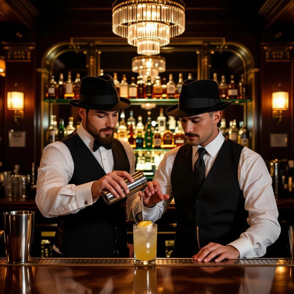 A bartender demonstrates to a new hire the process of shaking and straining a gin fizz. An Art Deco bar brimming with bottles is visible in the background. Scene captures a 1920s speakeasy atmosphere with ultra-realistic details.