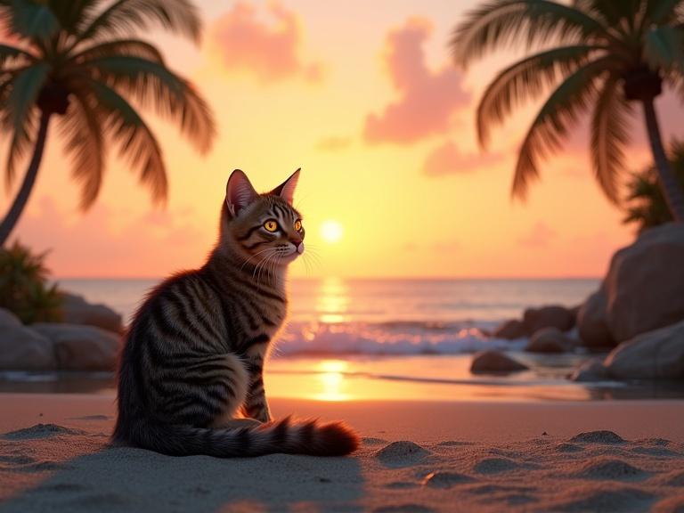 A hyperrealistic brown tabby cat sitting calmly on a rocky shore. The cat gazes thoughtfully towards the horizon during sunset. The scene is framed by gently swaying palm trees and tropical rocks. The warm orange and pink hues of the setting sun cast soft light and long shadows. The cat’s fur has detailed stripes and bright reflective eyes. The atmosphere feels peaceful and contemplative, with cinematic lighting enhancing the mood.