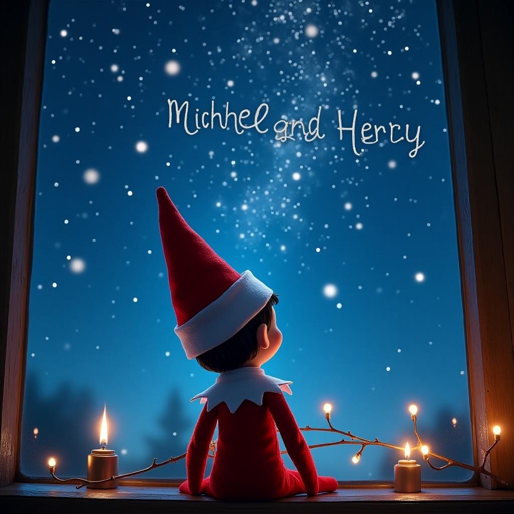 An elf on the shelf is gazing up into a magical night sky filled with stars. It is seen from the back, showcasing its red hat and cheerful demeanor. The name 'Michael and Henry' is artistically displayed in the sky, adding a personalized touch. Soft candlelight illuminates the scene, creating a warm atmosphere. The setting evokes a sense of wonder and peace, perfect for the holiday season.