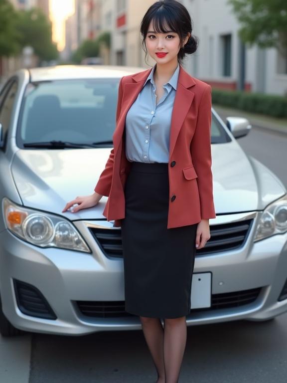 Full body image of a car saleswoman standing in front of a silver sedan. Saleswoman in realistic-kawaii style. Wearing sheer black pantyhose and black closed-toe heels. Light-blue blouse tucked into a black straight skirt. Rose-red blazer on shoulders. Simple makeup with red lips and slight smile. Black hair in a bun. Leaning against car hood.