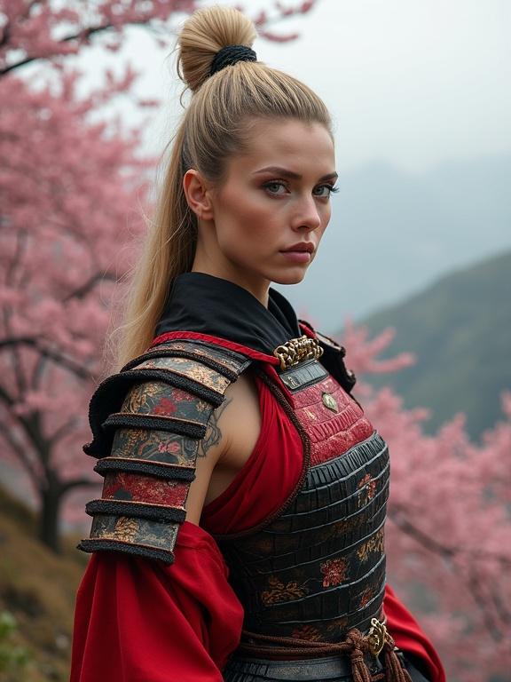 Female samurai portrait with long blonde hair in a topknot. Armor is red and black with intricate designs. Background has cherry blossom trees and foggy hills. Floral tattoos on skin. Tonal physique is evident.