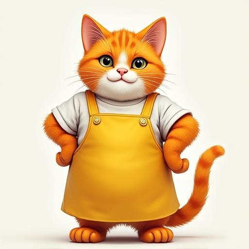 A semi-realistic orange tabby cat wears a yellow apron. The cat stands tall with one paw on its hip. The expression is a proud smirk. The cat's eyes are focused and sharp, showing confidence.