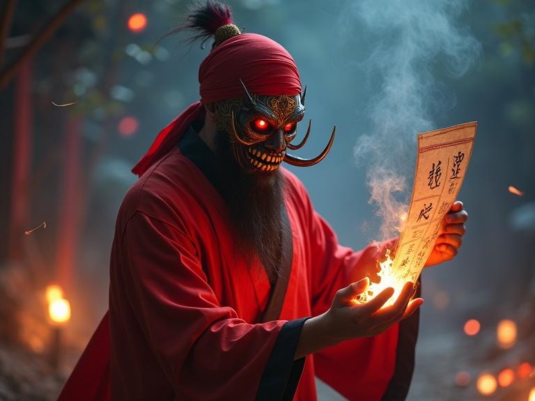 A male character with a red headscarf and a Chinese lianpu mask. He has long fangs and big evil eyes. Wearing a robe, he’s surrounded by evil energy while holding a Talisman paper. The scene is set in a mysterious outdoor background at night with incense and smoke. His head is forward, creating an action pose that resembles a dance. This is an atmospheric perspective with shading and impact, focused on the character in a League of Legends art style.