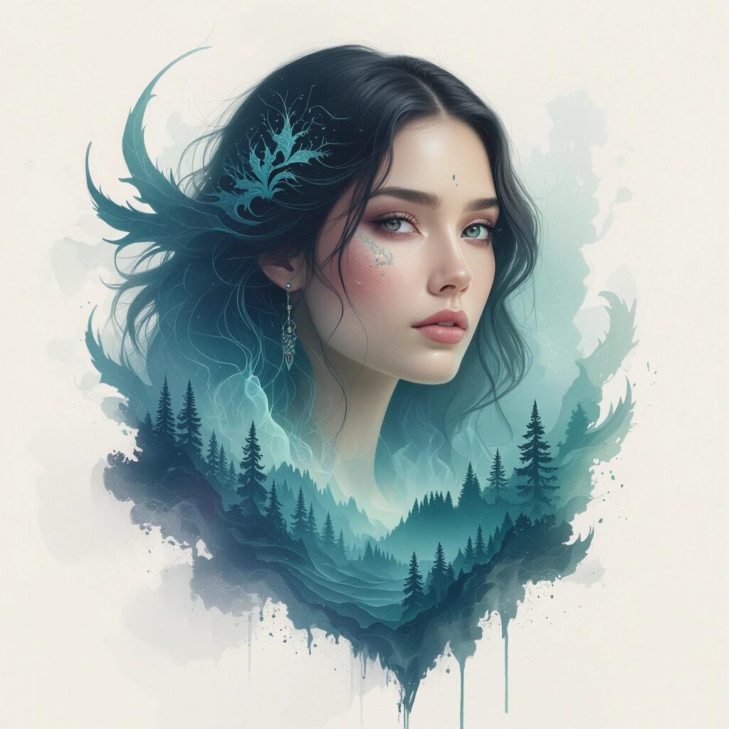 Captivating artwork showcasing an ethereal female portrait with a dreamy landscape background. The design features a mystical coloration and artistic details that evoke fantasy elements.