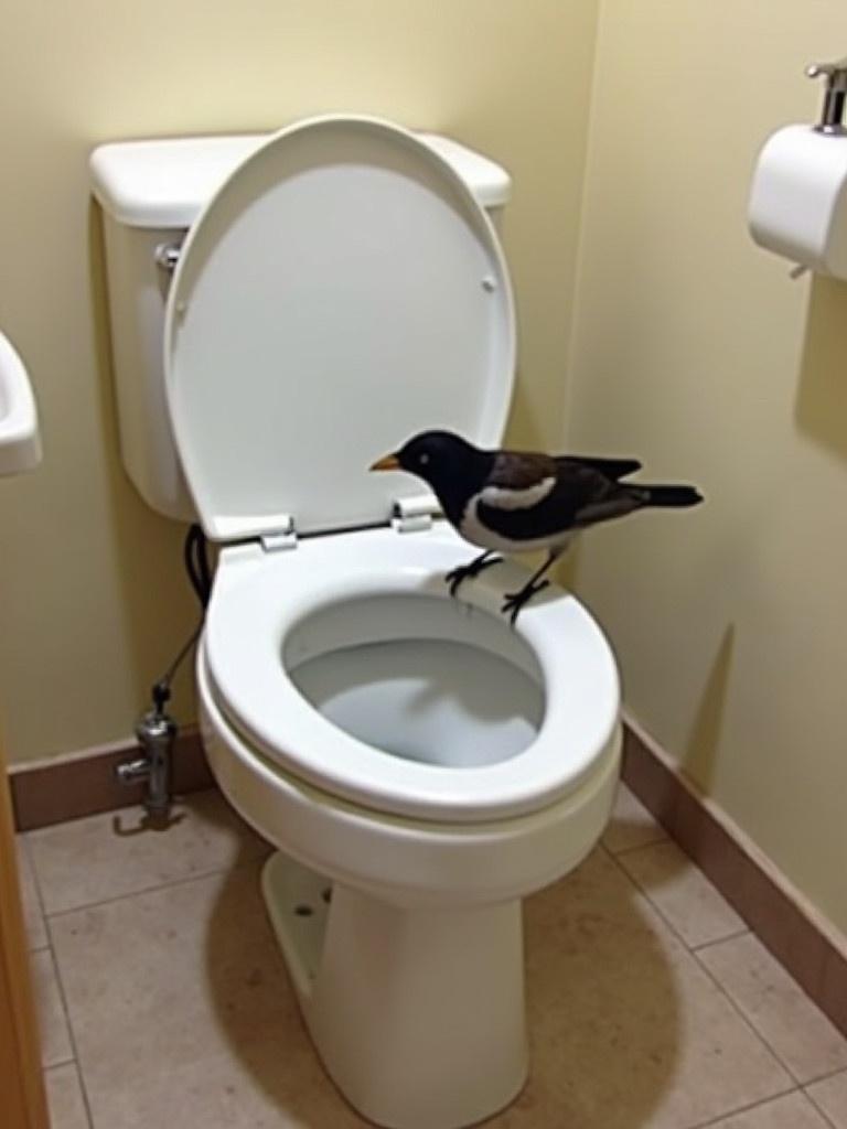 A bird perches on the edge of a toilet bowl. The background is a bathroom with a light-colored wall and beige tiles. The scene is both humorous and unexpected. The bird is black and white with an orange beak. It's standing on the toilet in a curious position.