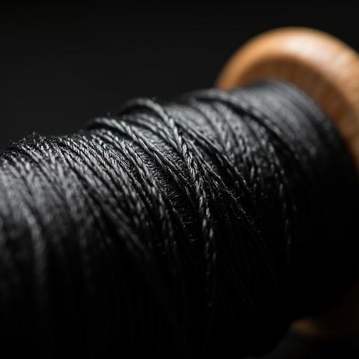 A close-up view of a black thread wrapped around a wooden spool. Show intricate texture with dramatic light and shadow. Focus on the sleek and modern design for branding purposes.