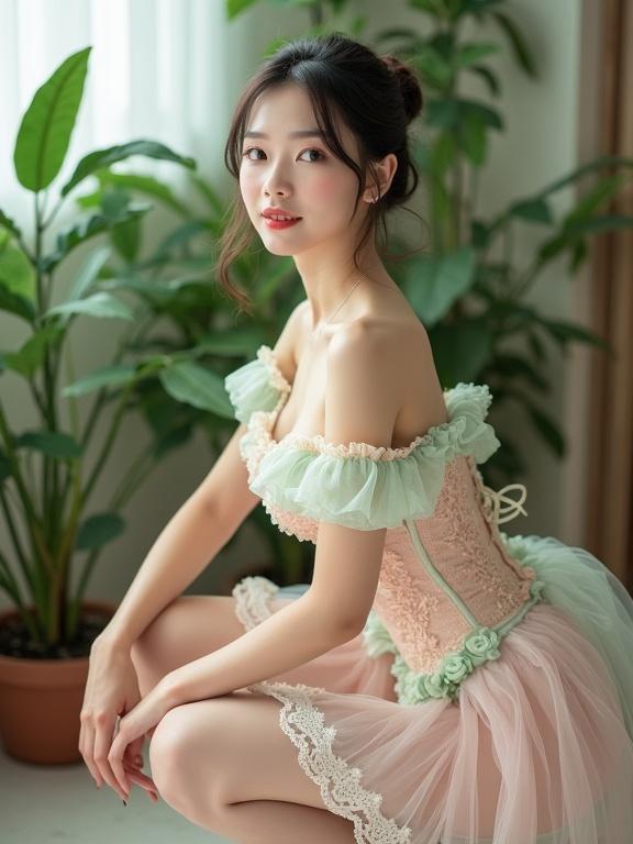 full body shot of a lady in a pastel-colored, frilly outfit squatting back facing camera inside a well-lit room. The ensemble features a corset top with lace and frills in pink, cream, and mint green. Hair is tied up. Showing beautiful legs. Gentle expression. Wearing pale pink stockings and rose embroidery garter belts. The bright indoor scene filled with green plants and bushes gives a vintage fairytale aesthetic.