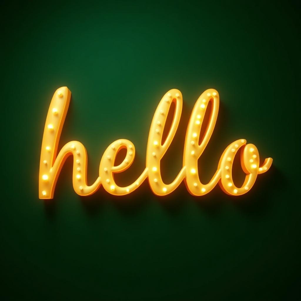 A shiny golden 3D text of the word 'hello' with a glowing effect against a deep green background.