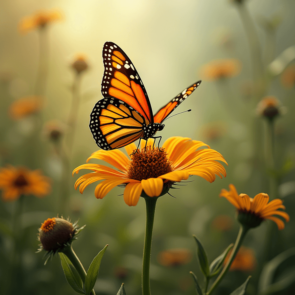 A vibrant orange butterfly rests on a bright yellow flower in a sunny garden.