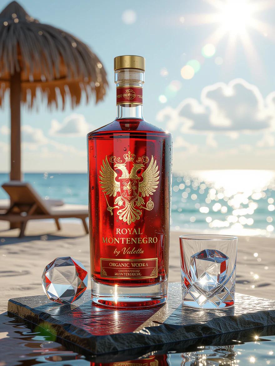 Focus on a premium vodka bottle named 'Royal Montenegro' with a handwritten 'by Vuletta' signature. Highlight the red bottle with golden embossed double-headed eagle details. Show the bottle sitting on a wet stone slab next to a crystal glass with ice. Capture a sunny beach bar in the background. Use dramatic lighting to enhance the luxury feel of the vodka drink.