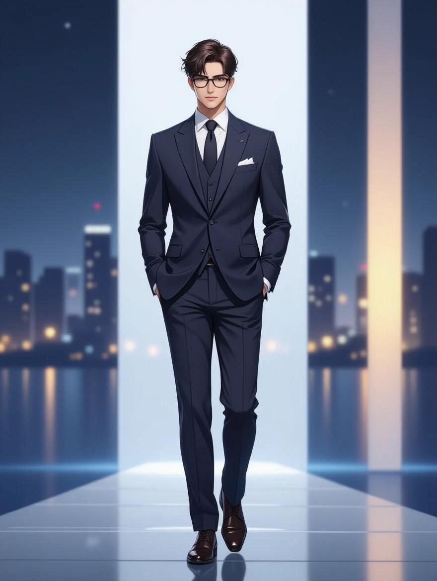 Illustration of a young man in a suit at night. He stands confidently in a refined anime style. His glasses enhance his intellectual look. The suit is modern yet classic. The setting is a sophisticated room with subtle lighting. A moonlit window creates a serene atmosphere. The piece reflects anime aesthetics with elegant details and a futuristic touch.