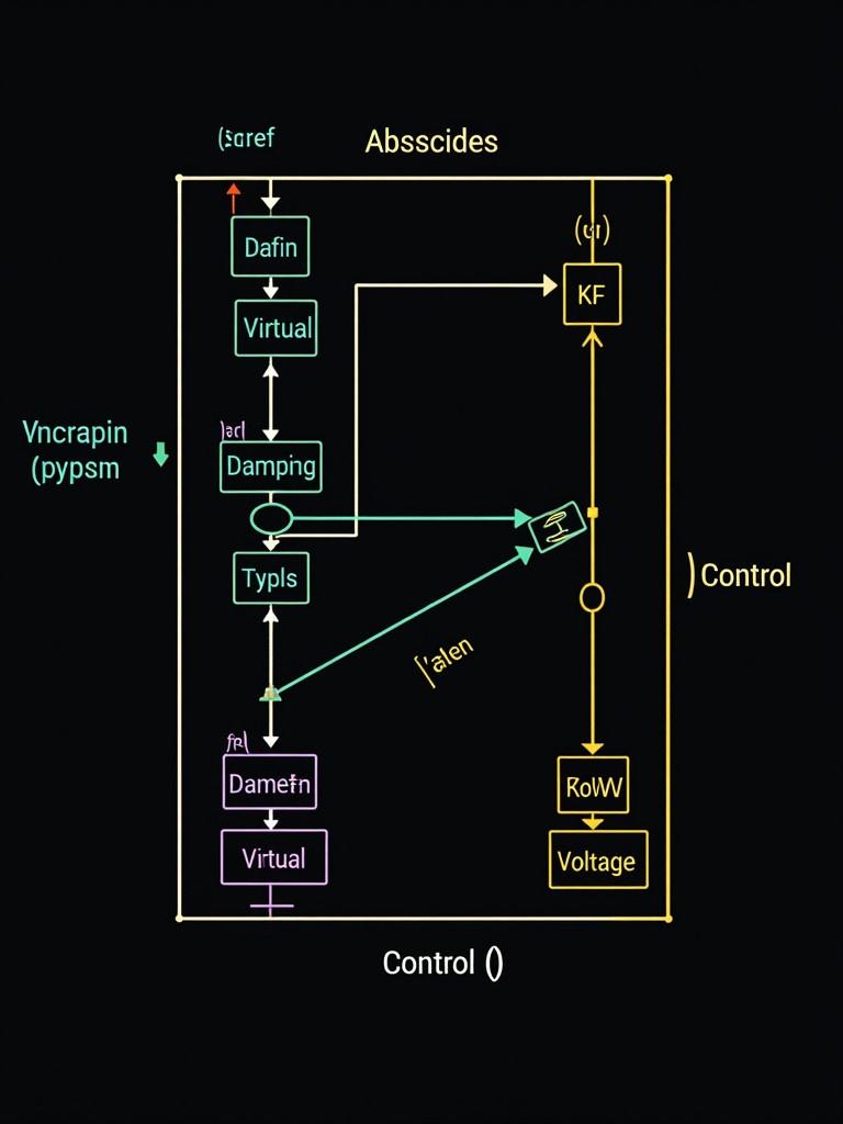 Schematic diagram for study on designing VSG control system for inverters interfaced with energy storage systems. Show interconnected computers and inverter control properties. Include reference voltage and frequency. Highlight gains for virtual inertia and damping. Illustrate measurements for voltage and frequency. Use a colorful dark screen background.