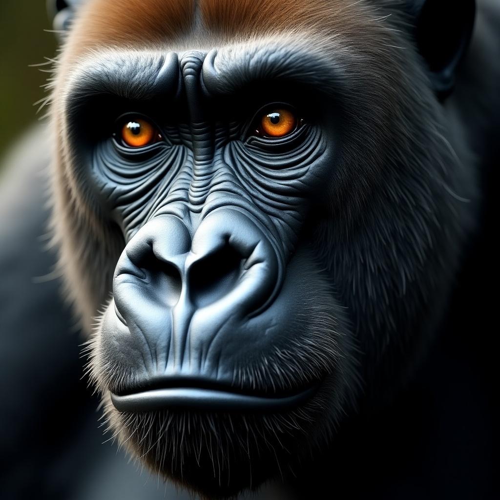 Hyper-detailed close-up portrait of a gorilla. Captures every wrinkle, texture, and fur detail. Deep, thoughtful eyes reflect ambient light. Visible nostrils, brows, and scars. Softly blurred background. Natural, diffused lighting creates intimacy and respect.