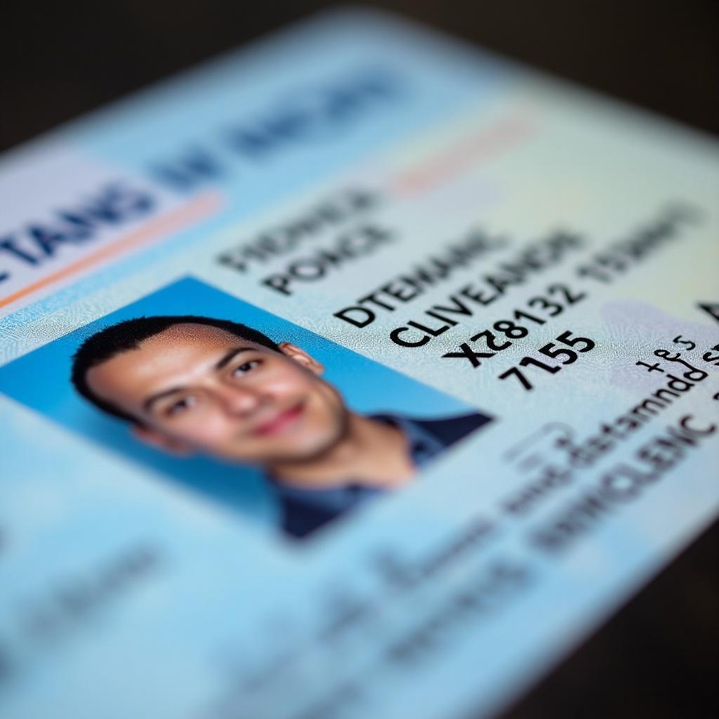 Image of a driver's license with blurred background. The focus is on the license details. Soft lighting captures the card's design. Close-up angle shows the structural elements clearly.