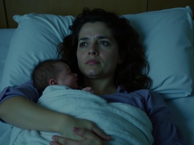 A mother holding her newborn in a hospital bed. She looks tired and weary. The room has low lighting and a modern clean design.