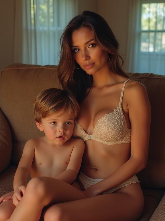 Sutry beautiful woman with large breasts in a bra and panties sitting on a sofa with a shirtless boy. Low resolution image with pixelated quality, slight compression artifacts, and over-saturated colors.