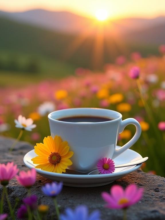 A coffee cup is set among colorful wildflowers. A vibrant sunrise creates a serene atmosphere. The scene captures tranquility in nature. Flowers surround the cup, enhancing its beauty. The rolling green hills provide a lush background.