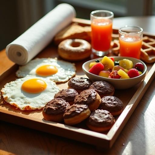 Wooden tray holds morning breakfast items. Fried eggs with crisp edges. Two slices of toast. Colorful fruit salad. Chocolate waffles with sauce. Six donuts with frosting. Two paper towels. Glass of orange-red juice. Morning light creates highlights. Realistic still-life photography captures warm textures.