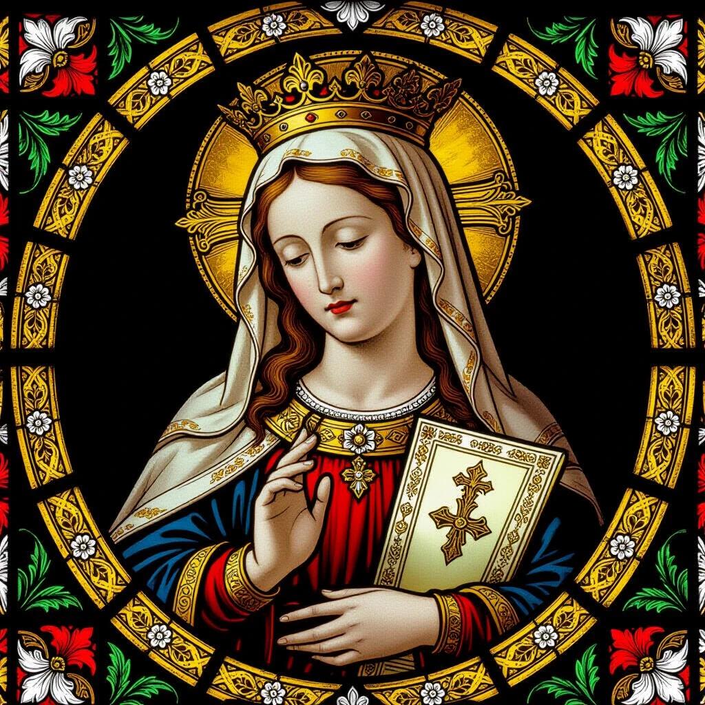 A closeup shot of Saint Mary. The figure is adorned in traditional clothing with a crown. Holding a book with a cross symbol. The backdrop is intricate with floral designs and gold accents. The image exhibits vibrant colors and fine details.