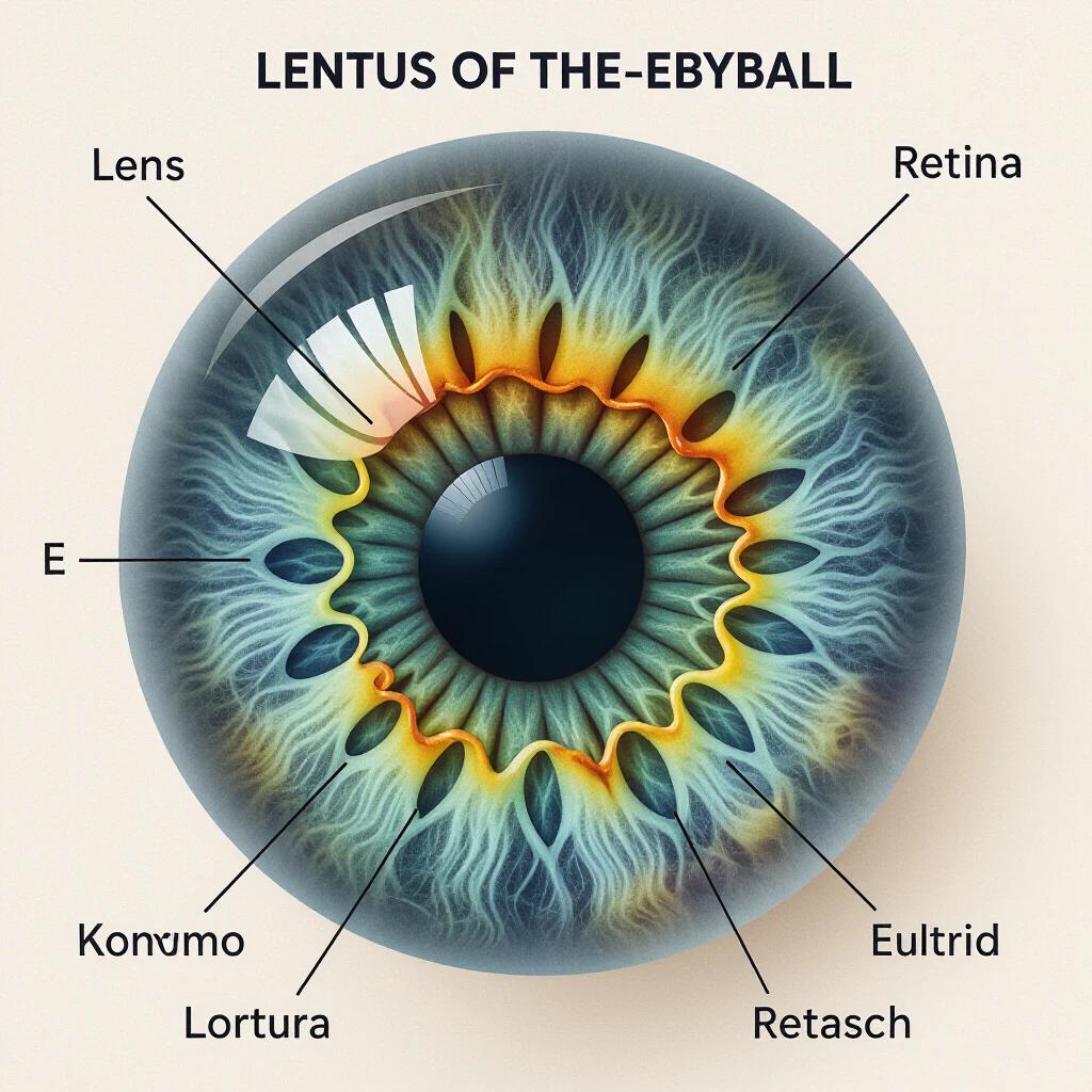 Schematic image showing a human eyeball. Illustrates the lens and the retina with labels.