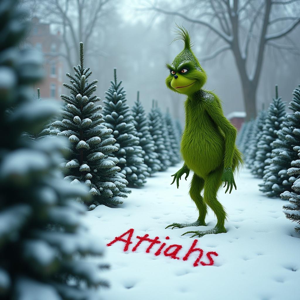 Grinch outdoors in winter. Surrounded by Christmas trees. Writing 'Attiahs' in the snow.