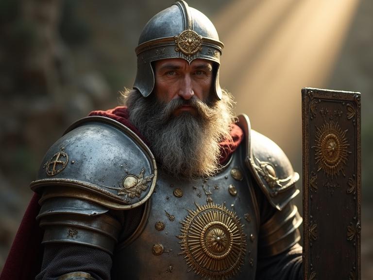 Intricate steel helm features a golden sun emblem. Gray beard complements ornate steel armor. Right hand grips a heavy pole-arm war-hammer. Long rectangular steel shield is held in the left hand. Bright rays of light shine down from above.