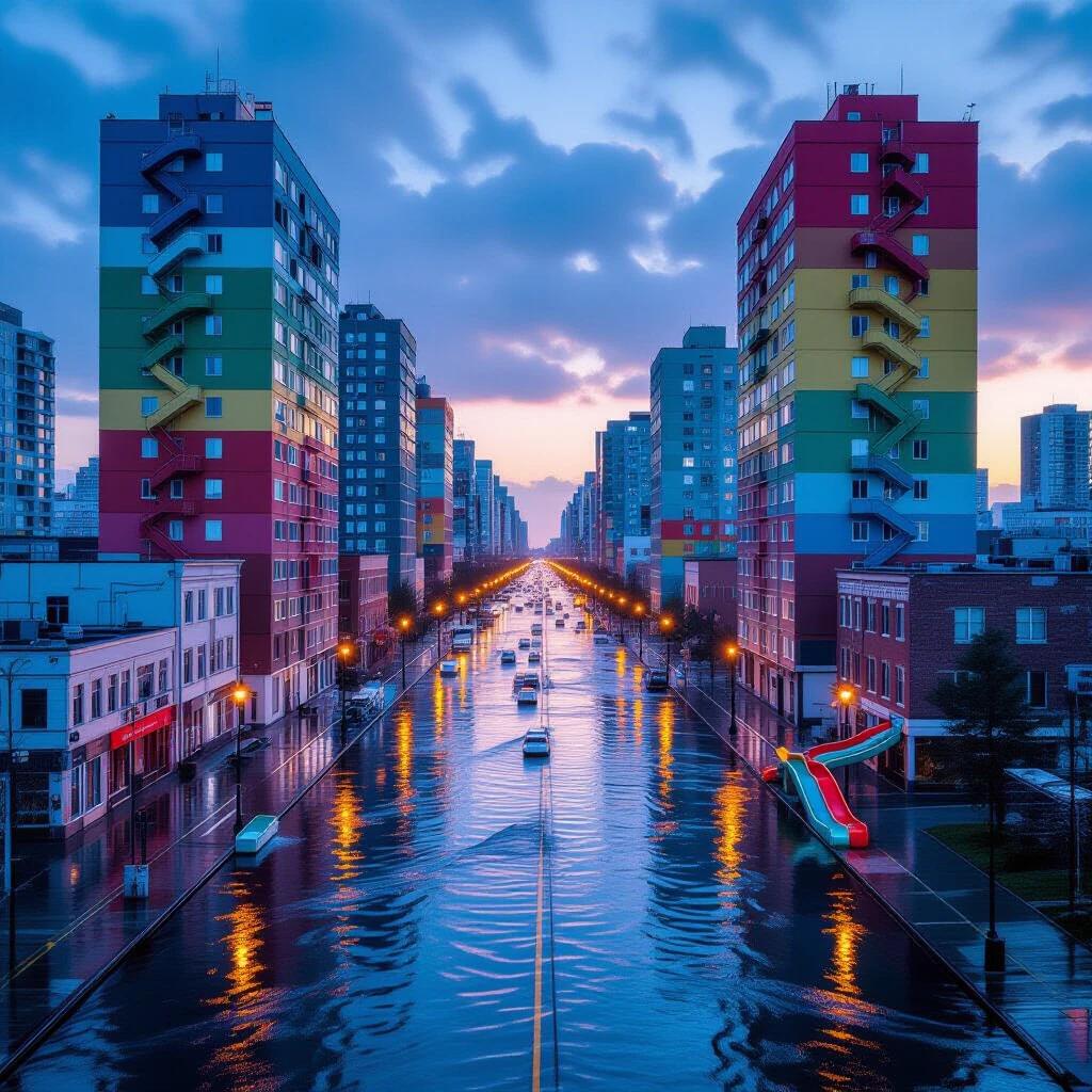 Image of a vibrant city street in evening light. Colorful tall buildings line the street. Colorful slides descend from the buildings into the street. Water floods the street resembling a wide river. Light reflects off the water.
