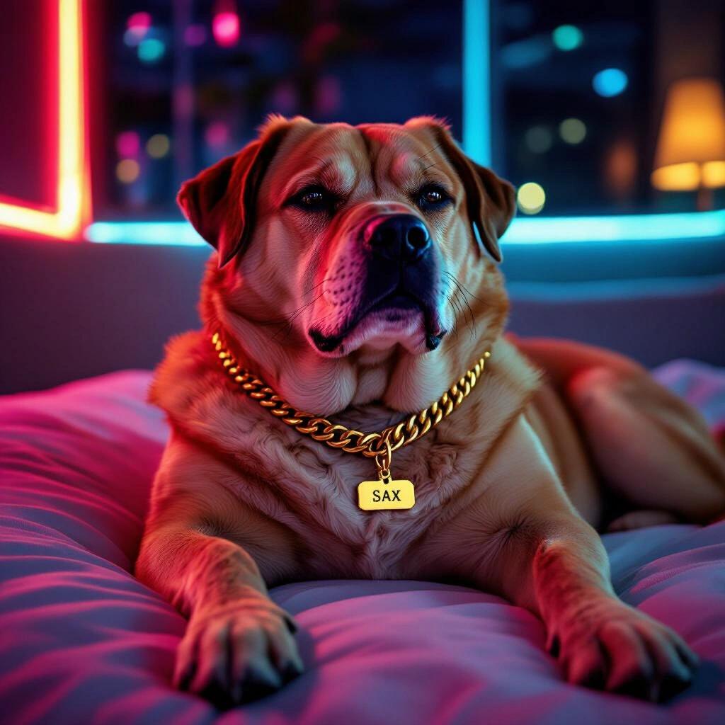 Dark photo of a relaxed old fat dog at night in a luxury suite. Dog wears a golden chain with a name tag that says 'SAX'. Neon lights create ambiance.