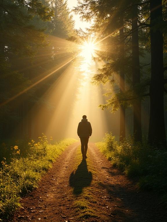 Forest scene with a person walking on a sunlit pathway. Sun rays filter through the trees. The atmosphere conveys guidance and direction. Highly detailed and realistic depiction. Captured using natural light and cinematic style.