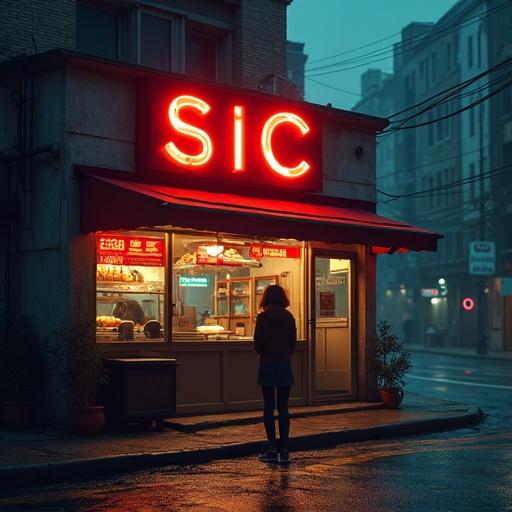 A burger shop named SIC with a glowing neon sign. A girl stands outside the shop in Abu Dhabi city. The scene captures a moody atmosphere.