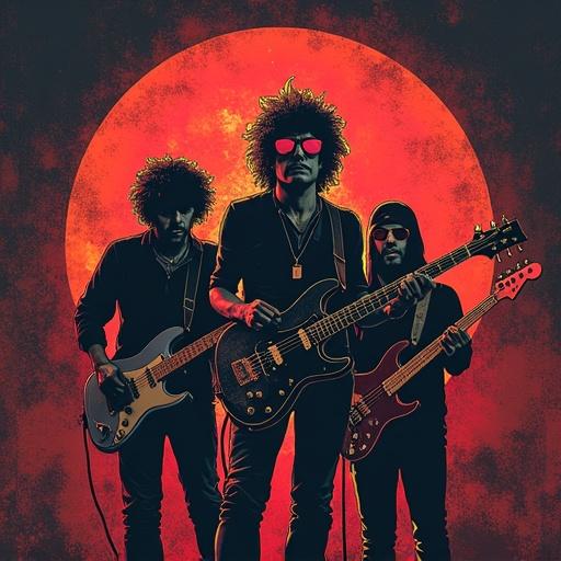 Punk band showcased as a vinyl album cover. Strong colors like red and black dominate the composition. Characterized by vibrant and edgy styling. Features striking hair and accessories indicative of punk fashion. Focus on the artistic element typical of album art.