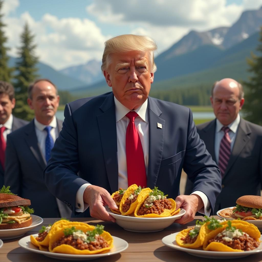 Photorealistic depiction of a figure presenting tacos at a political summit with world leaders in a scenic setting. Focus on the tacos and the figure's expression. Capture the essence of culinary diplomacy in a natural landscape.