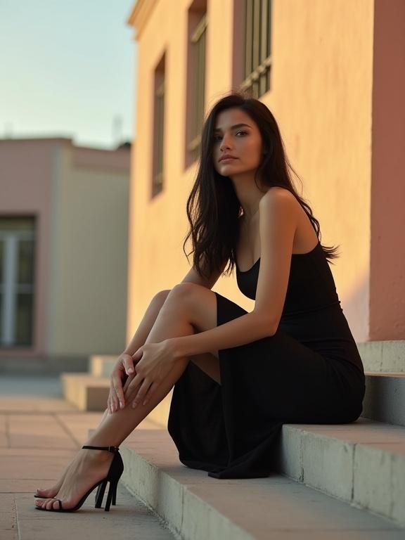 Young woman barefoot on concrete stairs holding black heels wearing sleek black dress with long black hair. Pastel buildings glow in golden hour light casting soft shadows. Moment feels quiet and cinematic.