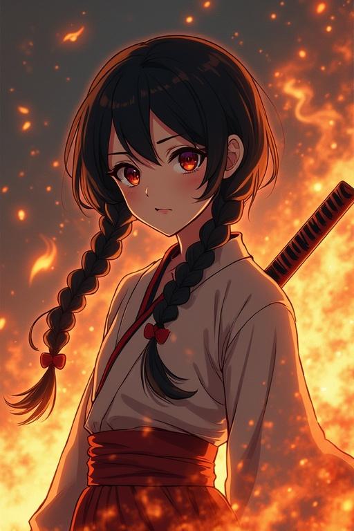 Anime illustration features a girl with double braided black hair holding a nichirin katana. She is positioned against a fiery background, emphasizing her determined expression. The character wears a classic demon slayer uniform, suitable for an action-packed scene.