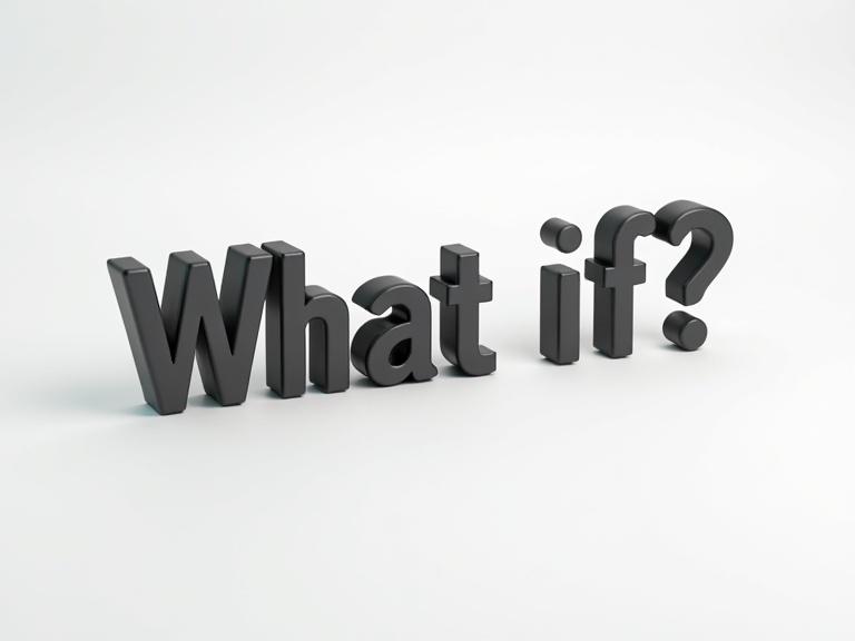 Imaginary background in white and grey. Big black font saying What if? in 3D cartoon style.