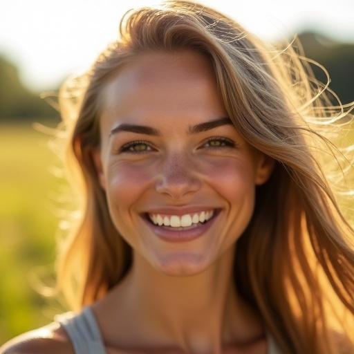 Realistic photographic portrait of a young woman smiling. Happy and natural expression captured in bright sunlight. Outdoors setting in a park or field on a sunny day. Professional-quality image focusing on detail with a high-end photography style. Subtle highlights in her eyes and voluminous hair moved by the wind. Soft shadows and vibrant yet natural colors in the background.