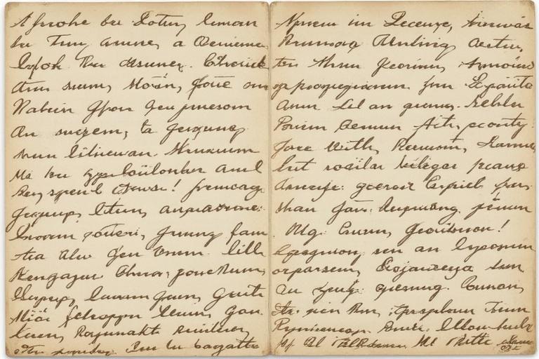 Handwritten text on two open pages of an old manuscript. Cursive script with decorative elements. Vintage style paper with visible aging. Soft beige background with brown ink. Ideal for historical or educational presentations.