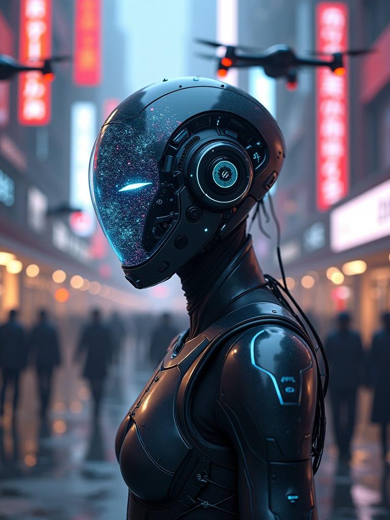 Depiction of a futuristic cyborg with a helmet featuring holographic interfaces. Neon-lit urban street scene with flying drones and pedestrians under glowing advertisements.