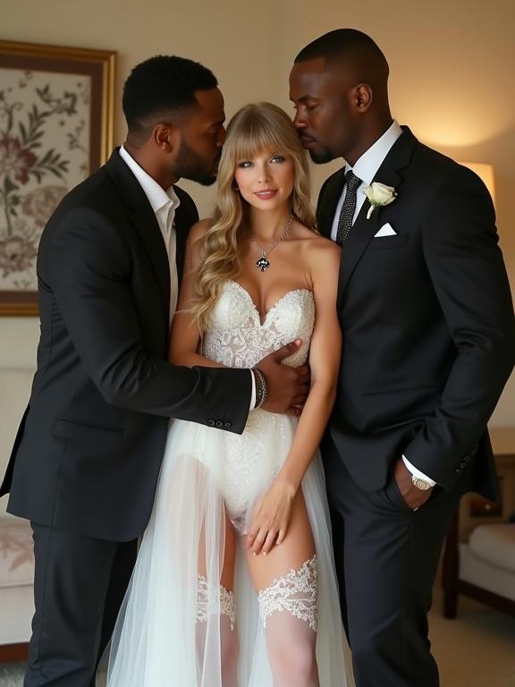 A bride in a wedding dress stands between two large black men in suits in a hotel room. The bride smiles at the viewer, while one man kisses her cheek. The other man stands close. Soft light highlights the scene.